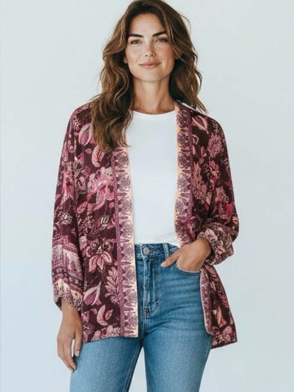 Michael Stars Open Front Kimono Jacket in Berry Pink